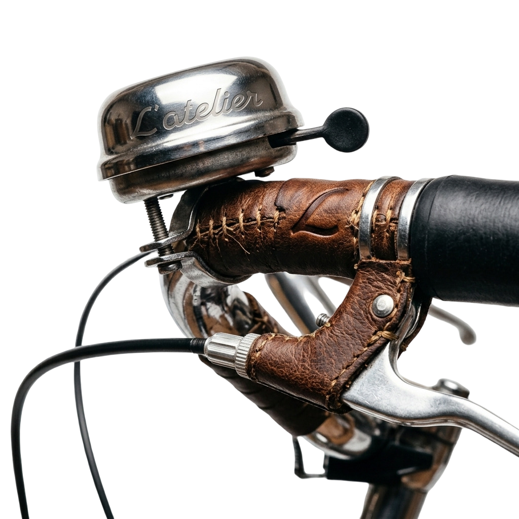 Détail vintage d'un guidon avec sonnette chromée et poignées en cuir
